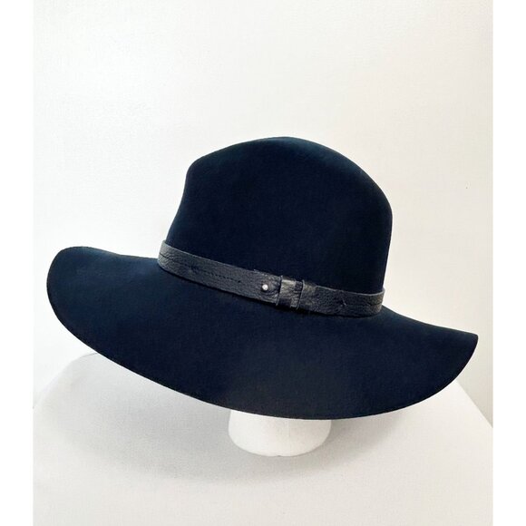 Rag & Bone Leather Trim Wool Wide Floppy Brim Fedora Hat In Blue - Sz L